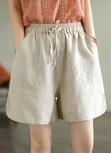 <b>White</b> <b>Linen</b> Cotton Shorts Women Summer Casual Loose Fit With Pockets Breathable Woven Solid Color Drawstring Waist Short <b>Pants</b> - Product Image 4