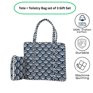 Sac fourre-tout matelassé en coton imprimé Jaipur bleu et blanc + trousse de toilette, ensemble de 3 sacs à fermeture éclair, écologique, léger, pour la plage et les voyages - Product Image 3