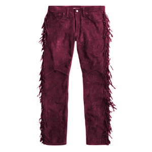 Pantalon en cuir bordeaux pour homme, taille haute, coupe droite, orné de pompons, fermeture boutonnée, style décontracté, finition délavée au sable - Product Image 3