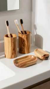 WOOD Bathroom Countertop Organizer With Compartments For Toothbrushes <b>Toothpaste</b> And Grooming Tools Modern Storage - Product Image 6
