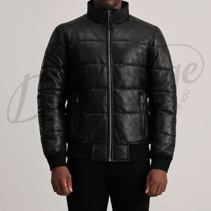 Veste matelassée en cuir noir de qualité supérieure pour homme, col montant, manteau d'hiver matelassé en similicuir, veste bomber rembourrée avec poignets côtelés - Product Image 3