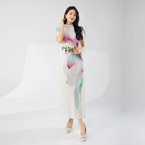 Robe pour femmes de haute qualité, à la mode, à imprimé floral, plissée, mi-longue, décontractée, style estival, manches courtes, vente chaude - Product Image 3