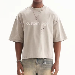 Camiseta Corta para Hombre, Estilo Vintage, Desgastada, con Bajo Deshilachado, Oversize, Streetwear, Ajuste Holgado, Lisa, Personalizable - Product Image 3