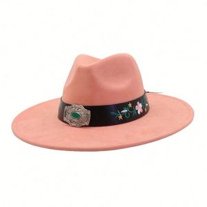 Nouvel Arrivage Chapeau Fedora en Daim Style National à Bord Large Plat avec Patch Brodé, Chapeau Jazz Décontracté et Tendance en Daim Coloré - Product Image 4