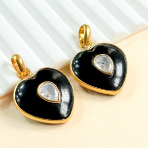 Natural Black Onyx Heart Pendant Wholesale Bulk 925 Sterling <b>Silver</b> Gold Plated Double Stone Inlay Gemstone Charm Jewelry Making - Product Image 3