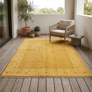 Alfombra de Lana Anudada a Mano Color Mostaza Dorado, Diseño Floral en el Borde, Alfombra Decorativa Tradicional de Pelo Plano - Product Image 5