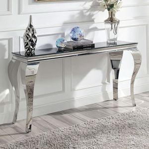 Mesa Consola Contemporánea Glamorosa de 1 Pieza con Tapa de Vidrio Negro y Patas de Acero Inoxidable Plateado Estilo Cabriole para Sala de Estar - Product Image 2