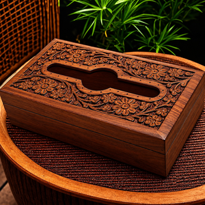 Caja de pañuelos de madera clásica hecha a mano, diseño floral intrincado tallado |   Portarrollos de Papel Decorativo de Madera para el Hogar - Product Image 1