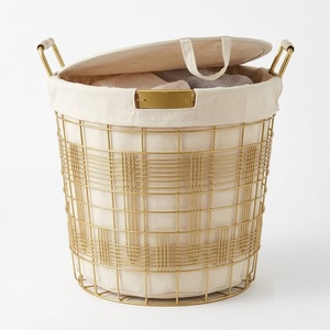 Luxury Gold Metal Wire Laundry <b>Basket</b> With Lid And Removable Canvas Liner Clothes Hamper For Modern <b>Bathroom</b> & Bedroom Storage - Product Image 1