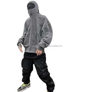 Chaqueta personalizada al por mayor de alta calidad vintage lavado con ácido oversize hombro caído chaqueta gris para hombre medio cuello cremallera Sudadera con capucha - Product Image 3