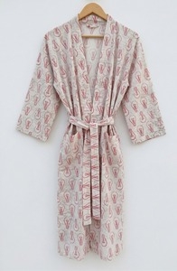Kimono indio de algodón tejido a mano con estampado de bloques, cuello alto, para mujer, verano, otoño, suave, ligero. - Product Image 2