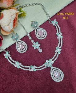 Silver Plated Teardrop Stone Necklace <b>Set</b> With Dangle Earrings And Tika Floral Cubic Zirconia Party Wear Jewelry <b>Set</b> Collections - Product Image 3