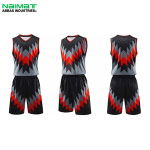 Ensemble de basket-ball personnalisé à imprimé géométrique, maillot sans manches en mesh rouge et noir sublimé et short, tenue de match - Product Image 1