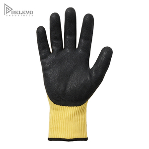 Custom Industrial Work Safety <b>Gloves</b> Tri Color Red Yellow Seamless <b>Knit</b> Shell Black Crinkle Latex Coated Palm Grip Construction - Product Image 3