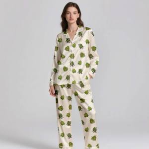 Ensemble de pyjamas pour femmes élégants imprimés 2025, vêtements de nuit en soie satinée de luxe à manches longues - Product Image 4