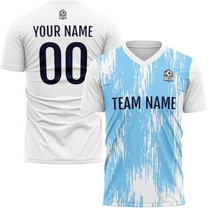 ชุดเสื้อฟุตบอลพรีเมียมสำหรับผู้ชาย สีน้ำเงินขาว แบบซับลิเมชั่น คอวี ระบายเหงื่อได้ดี แขนสั้น ทรงปกติ สำหรับผู้ใหญ่ ทุกฤดูกาล - Product Image 2
