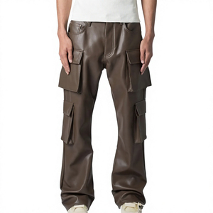 Men brown PU leather pants High waist biker <b>trousers</b> Zipper fly multiple pockets Windproof straight fit pants - Product Image 1