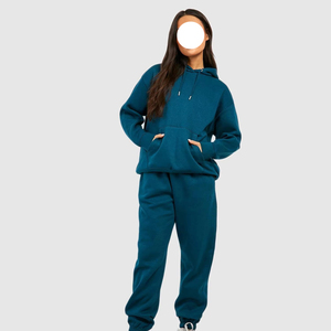 <b>Women's</b> Teal Blue 100% Cotton Eco-Friendly Winter Hoodie Jogger <b>Tracksuit</b> Set Piece Pullover Sweatshirt Top Casual Loungewear - Product Image 3