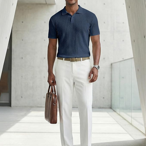Men's Navy <b>Blue</b> Short Sleeve <b>Polo</b> <b>Shirt</b> Solid Color Knitted Cotton Casual Breathable Regular Fit Collared Design - Product Image 5