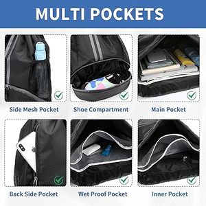 Black Canvas <b>Drawstring</b> <b>Backpack</b> with Shoulder Strap and Wet Dry Pockets 30-40L for Gym Sports Travel - Product Image 5