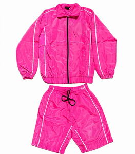 <b>Pink</b> <b>Tracksuit</b> <b>Set</b> Full Sleeve Zipper Jacket Shorts Solid Color Sporty Style Regular Fit Lightweight Polyester Summer Wear - Product Image 1