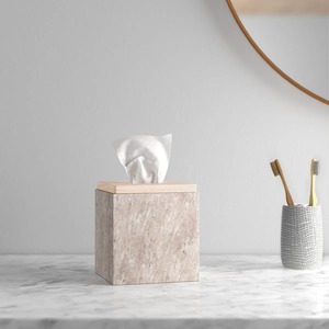 Luxury Pink Stone Facial Tissue Holder <b>Cube</b> With Natural <b>Light</b> Wood Lid Vesuvio Faux Marble Tissue Dispenser Contemporary - Product Image 3