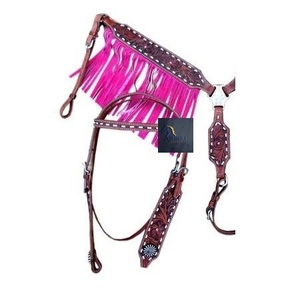 Western Brown <b>Leather</b> Headstall and Breast Collar Set Hand Tooled Floral Design Pink Fringe Horse Tack - Product Image 3