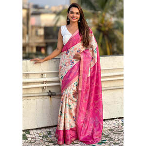 Sari de soirée Elite Weaves en soie Tussar rose, imprimé Kalamkari, avec bordure tissée Zari, sari indien traditionnel - Product Image 1