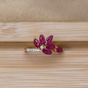 Bague florale en or jaune 14 carats avec rubis naturel et diamants pour femme |   Bijoux en pierres précieuses de coupe marquise, vente en gros, OEM, ODM - Product Image 2