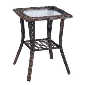 Brown Outdoor Wicker Side Table with Glass Top Rattan End Table for Patio Indoor Garden Porch Balcony-Coffee Bistro Table - Product Image 1