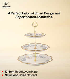 จานเสิร์ฟ 3 ชั้น ทำจากโบนไชน่า พร้อมขาตั้งสีทอง เป็นมิตรกับสิ่งแวดล้อม จานหรูหราสำหรับงานเลี้ยง ด้วยเทคนิคการขัดเงา - Product Image 2