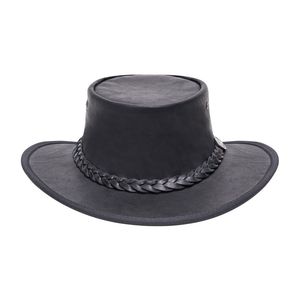 Sombrero de cuero marrón oscuro desgastado estilo Outback con corona plana, banda trenzada y ojales de latón - Product Image 5