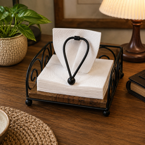 Porte-serviettes en métal noir avec base en bois, porte-mouchoirs de table pour la maison, la cuisine, le restaurant, la décoration de table - Product Image 4