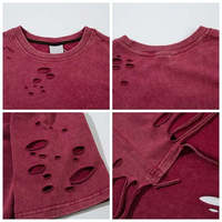 T-shirt vintage déchiré pour homme, couleur bordeaux, coupe oversize, en coton, à manches courtes, style streetwear