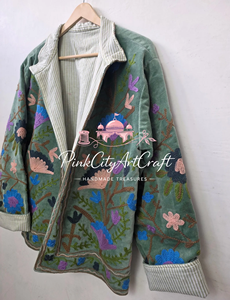 Handcrafted Sage Green Velvet Quilted Kimono <b>Jacket</b> Kashmiri Suzani Embroidered Winter Coat Elegant Premium Velvet <b>Blazer</b> - Product Image 4