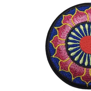 Circular Embroidered <b>Patch</b> With Floral Design Red Center Pink Petals Blue Background Handmade <b>Sew</b>-<b>On</b> Fabric Applique - Product Image 4