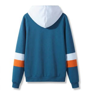 Sweat-shirt à capuche unisexe bleu, coupe oversize, décontracté, en tricot, avec blocs de couleur et bandes blanches et oranges sur les manches - Product Image 6