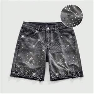 Pantalones Cortos de Mezclilla para Hombre con Pedrería Brillante, Estilo Urbano, Vaqueros Desgastados, Fabricante Mayorista - Product Image 4