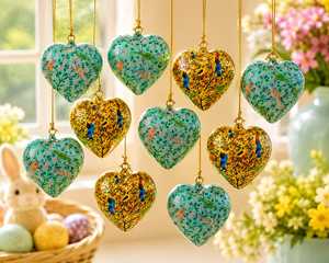 Ornements suspendus en papier mâché faits à la main, forme de cœur, motif d'oiseau traditionnel, bleu or, décoration de sapin de Noël élégante - Product Image 2