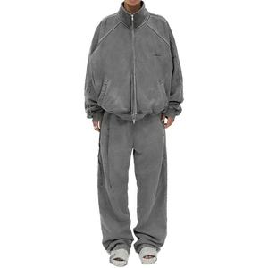 Ensemble de survêtement de luxe en molleton technique épais 100 % coton, style vintage vieilli, avec sweat à capuche zippé et pantalon de survêtement - Product Image 1