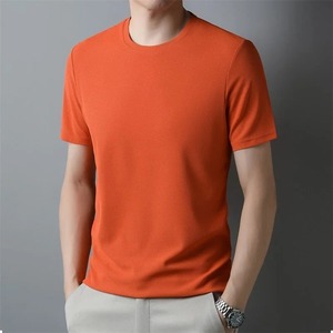T-shirt à manches courtes pour homme, orange, coupe ajustée, tricoté, col rond, style décontracté, longueur normale - Product Image 1