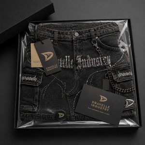 กระโปรงยีนส์ทรงคาร์โก้แบบ Stonewash สำหรับผู้หญิง, กระโปรงมินิสีดำเอวต่ำประดับโซ่และคริสตัลสไตล์โกธิคสตรีทแวร์ - Product Image 6