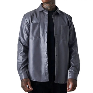 Classic Style Genuine Leather <b>Button</b> <b>Up</b> Casual Men’s Shirts <b>Short</b> <b>Sleeve</b> Breathable PU Leather Modern Loose Fit Solid Pattern - Product Image 5
