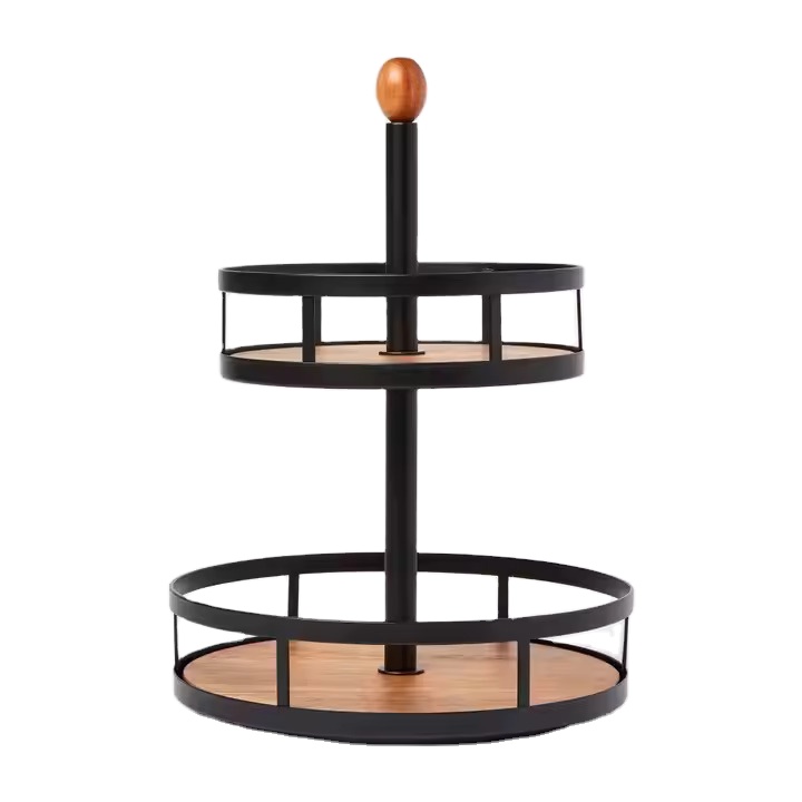 2-Tier Black Metal Spice Rack with Wooden Base and Handle Kitchen Countertop Storage and Organization Storage Holders & Racks
