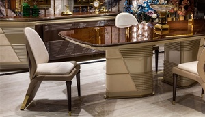 Juego de Comedor Moderno de Lujo en Madera de Teca Sólida, Contemporáneo, 6 Sillas, Pedestal Dorado con Acabado Brillante, Muebles para Comedor, Villa u Hotel - Product Image 3
