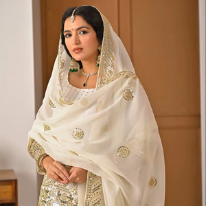 New Designer Heavy Faux Georgette Salwar Kameez Party Wear Set Knee-Length Full Sleeve <b>Top</b> Sharara Plazzo Dupatta for <b>Wedding</b> - Product Image 1