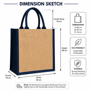 Jute Shopping <b>Bag</b> Medium <b>Navy</b> Blue Handles Grocery Tote Hand Length Handle - Product Image 2