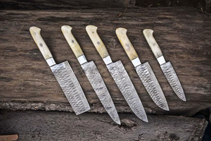Handmade Sustainable High Quality Damascus Steel Bone Handle Ambidextrous 5-PCS Chef <b>Knife</b> Set Leather Roll Bag Custom - Product Image 4