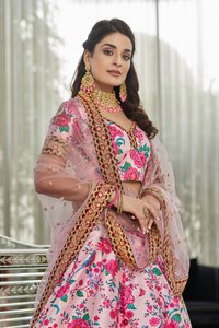 Pink Floral Print Lehenga Choli Art Silk Semi Stitched Wedding Outfit with Dupatta for <b>Bride</b> Festival Wear - Product Image 4