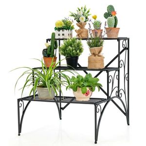 Support à plantes en métal à 2 niveaux pour l'intérieur et l'extérieur avec design en forme d'escalier pour le rangement - Product Image 4